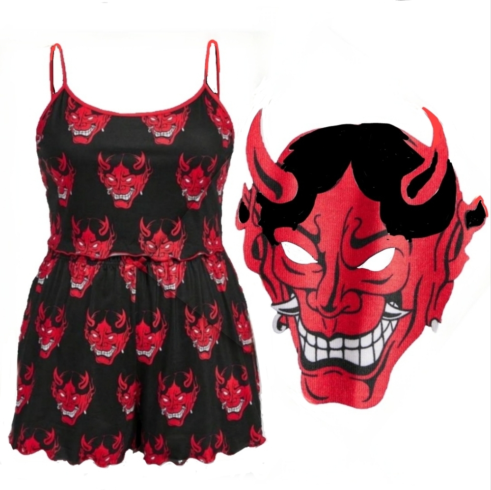 Romwe blk red anime devil graphic scallop cami shorts loungewear set 1X NWT